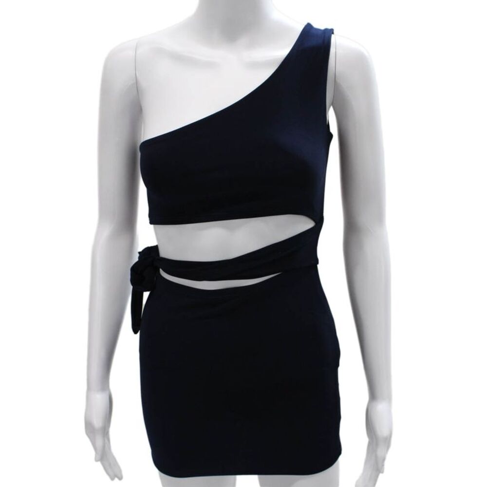 Cheryl Creations Womens One Shoulder Knit Cut Out Mini Dress Navy Size Medium